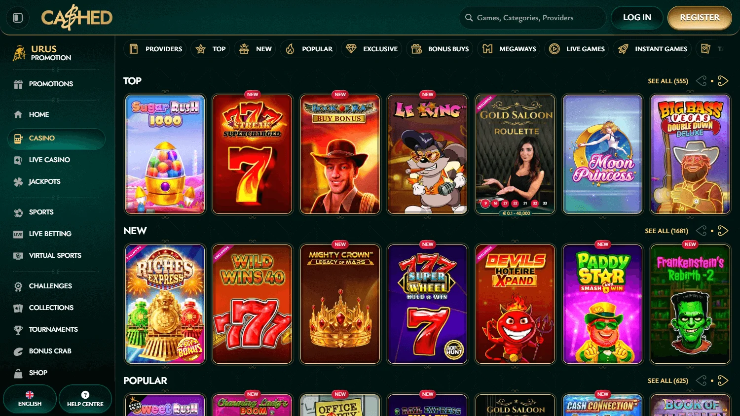 Cashed Casino casino games interface on desktop