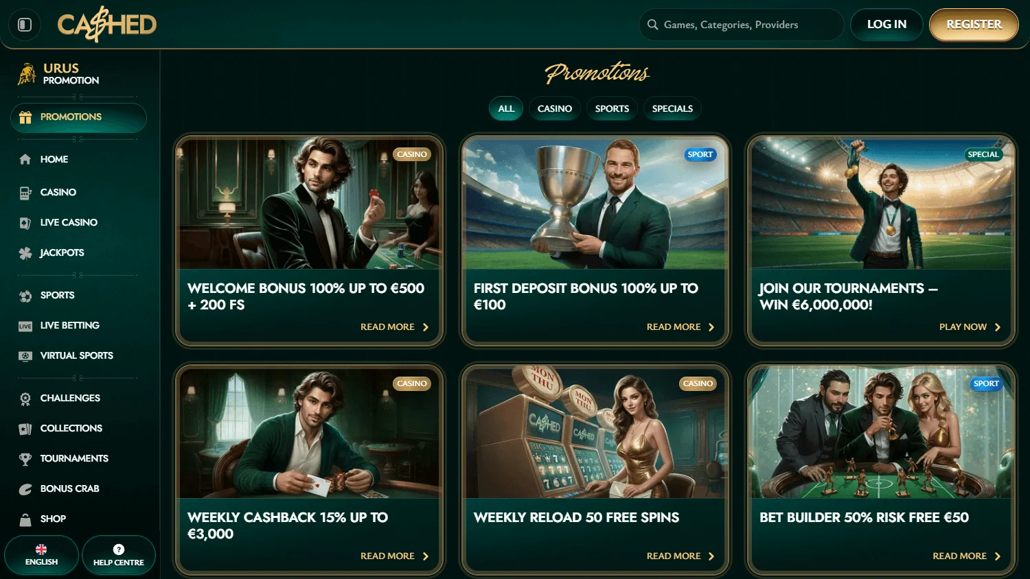 Cashed Casino promotions interface on desktop