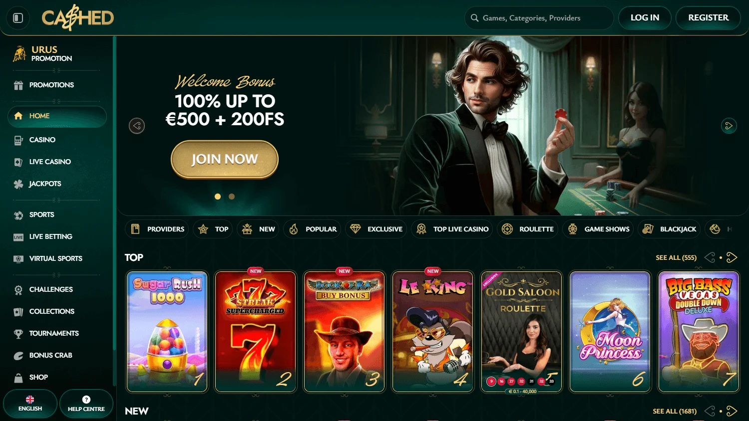 Cashed Casino home interface on desktop