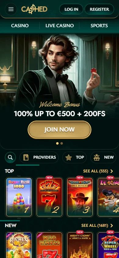 Cashed Casino home interface on a mobile browser