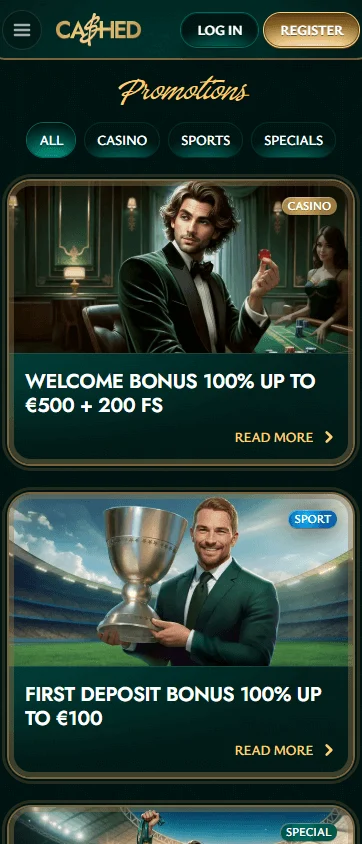 Cashed Casino promotions interface on a mobile browser