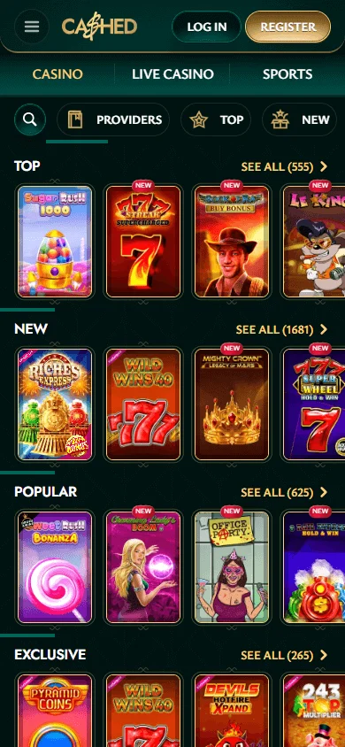 Cashed Casino casino games interface on a mobile browser